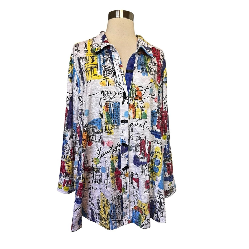 Ali Miles Top 2X Colorful button-down tunic vibrant city graphic art print